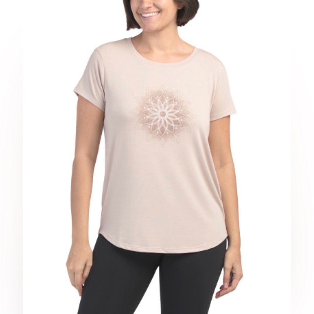 GAIAM Mushroom Beige Mindful Graphic Floral Front Short Sleeve Yoga Crew Tee
